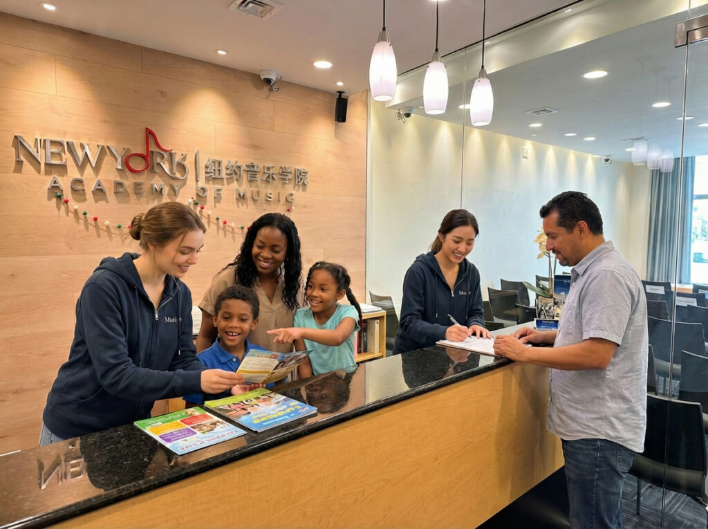 new york academy of music staff helping customers Front desk team assisting families with enrollment and support at New York Academy of Music in Queens NY